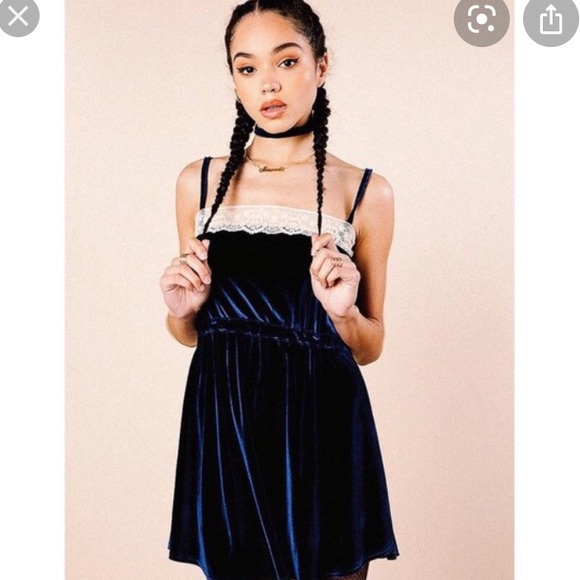 Valfre Dresses & Skirts - Blue Velvet Dress with lace trim